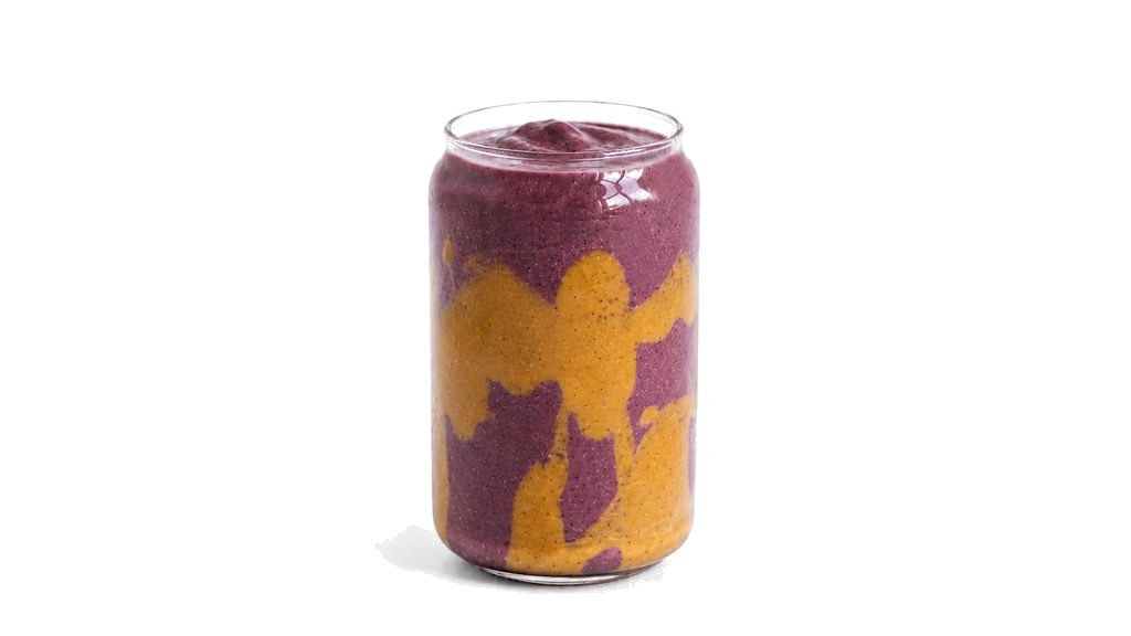 A swirled acai and peanut butter PB and J shake in a glass